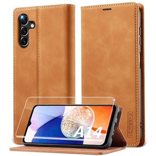 Lanhiem Handyhülle für Samsung Galaxy A14 5G Hülle mit Panzerglas, Premium PU Leder Schutzhülle, RFID Sperrung Flip Wallet Case für Samsung Galaxy A14 4G/5G Klapphülle, Braun von Lanhiem