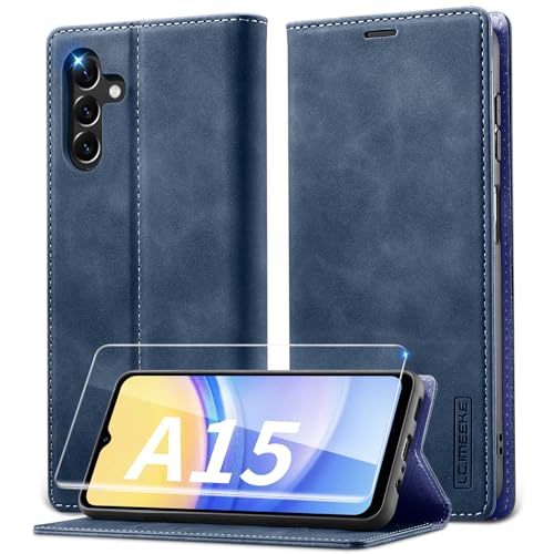 Lanhiem Handyhülle für Samsung Galaxy A15 4G/5G Hülle mit Panzerglas, Premium PU Leder Schutzhülle, RFID Sperrung Flip Wallet Case für Samsung Galaxy A15 5G Klapphülle, Blau von Lanhiem