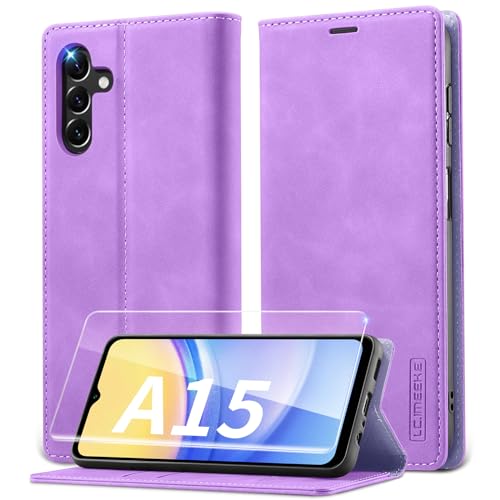 Lanhiem Handyhülle für Samsung Galaxy A15 4G/5G Hülle mit Panzerglas, Premium PU Leder Schutzhülle, RFID Sperrung Flip Wallet Case für Samsung Galaxy A15 5G Klapphülle, Lila von Lanhiem