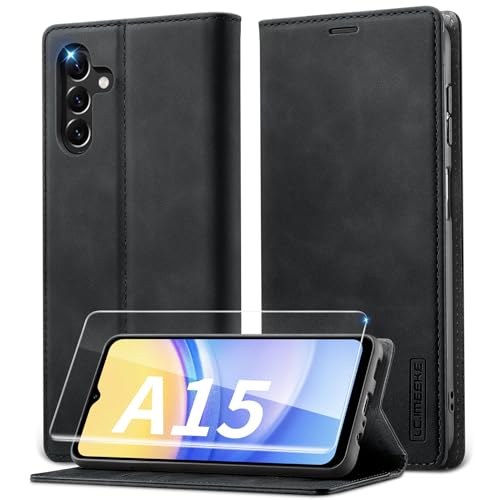 Lanhiem Handyhülle für Samsung Galaxy A15 4G/5G Hülle mit Panzerglas, Premium PU Leder Schutzhülle, RFID Sperrung Flip Wallet Case für Samsung Galaxy A15 5G Klapphülle, Schwarz von Lanhiem