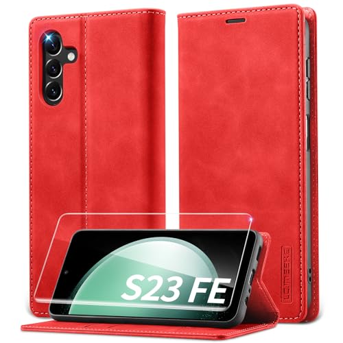 Lanhiem Handyhülle für Samsung Galaxy S23 FE Hülle mit Panzerglas, Premium PU Leder Schutzhülle, RFID Sperrung Flip Wallet Case für Samsung Galaxy S23 FE 5G Klapphülle, Rot von Lanhiem