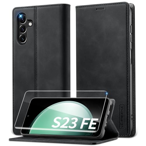 Lanhiem Handyhülle für Samsung Galaxy S23 FE Hülle mit Panzerglas, Premium PU Leder Schutzhülle, RFID Sperrung Flip Wallet Case für Samsung Galaxy S23 FE 5G Klapphülle, Schwarz von Lanhiem