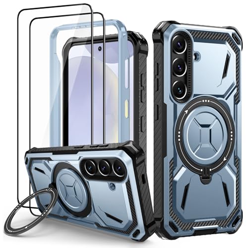 Lanhiem Handyhülle für Samsung Galaxy S24 Hülle mit 2 Stück Panzerglas und 360° Ring Ständer, Militärischer Stoßfest Schutzhülle für Samsung Galaxy S24 Case, Blau von Lanhiem