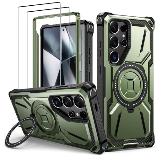 Lanhiem Handyhülle für Samsung Galaxy S24 Ultra Hülle mit 2 Stück Panzerglas und 360° Ring Ständer, Militärischer Stoßfest Schutzhülle für Samsung Galaxy S24 Ultra Case, Grün von Lanhiem