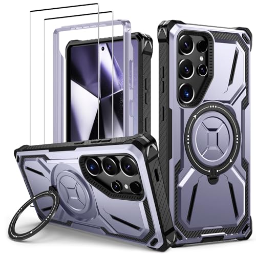 Lanhiem Handyhülle für Samsung Galaxy S24 Ultra Hülle mit 2 Stück Panzerglas und 360° Ring Ständer, Militärischer Stoßfest Schutzhülle für Samsung Galaxy S24 Ultra Case, Lila von Lanhiem