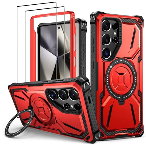 Lanhiem Handyhülle für Samsung Galaxy S24 Ultra Hülle mit 2 Stück Panzerglas und 360° Ring Ständer, Militärischer Stoßfest Schutzhülle für Samsung Galaxy S24 Ultra Case, Rot von Lanhiem