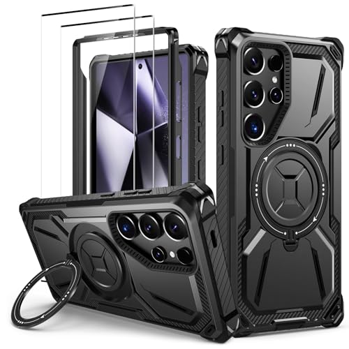 Lanhiem Handyhülle für Samsung Galaxy S24 Ultra Hülle mit 2 Stück Panzerglas und 360° Ring Ständer, Militärischer Stoßfest Schutzhülle für Samsung Galaxy S24 Ultra Case, Schwarz von Lanhiem