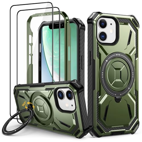 Lanhiem Handyhülle für iPhone 11 Hülle mit 2 Stück Panzerglas und 360° Ring Ständer, Militärischer Stoßfest Schutzhülle für iPhone 11 Case, Grün von Lanhiem