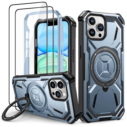 Lanhiem Handyhülle für iPhone 13 Pro Max Hülle mit 2 Stück Panzerglas und 360° Ring Ständer, Militärischer Stoßfest Schutzhülle für iPhone 13 Pro Max Case, Blau von Lanhiem