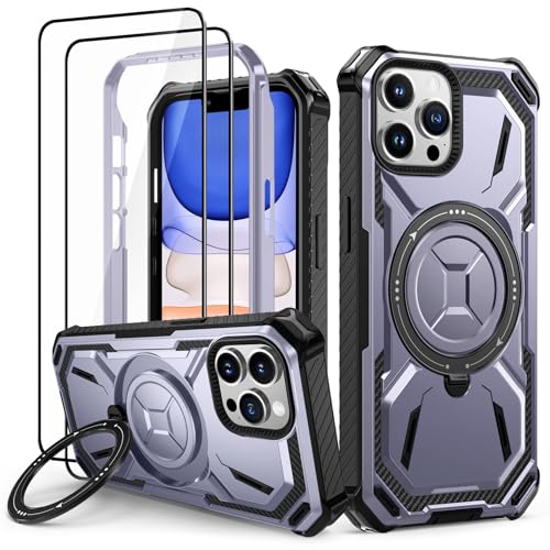 Lanhiem Handyhülle für iPhone 13 Pro Max Hülle mit 2 Stück Panzerglas und 360° Ring Ständer, Militärischer Stoßfest Schutzhülle für iPhone 13 Pro Max Case, Lila von Lanhiem