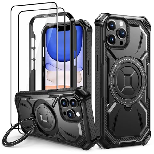Lanhiem Handyhülle für iPhone 13 Pro Max Hülle mit 2 Stück Panzerglas und 360° Ring Ständer, Militärischer Stoßfest Schutzhülle für iPhone 13 Pro Max Case, Schwarz von Lanhiem