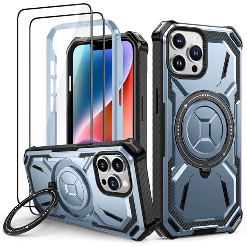 Lanhiem Handyhülle für iPhone 14 Pro Hülle mit 2 Stück Panzerglas und 360° Ring Ständer, Militärischer Stoßfest Schutzhülle für iPhone 14 Pro Case, Blau von Lanhiem