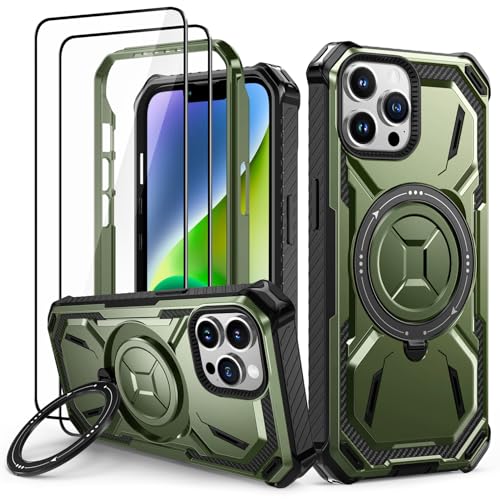 Lanhiem Handyhülle für iPhone 14 Pro Hülle mit 2 Stück Panzerglas und 360° Ring Ständer, Militärischer Stoßfest Schutzhülle für iPhone 14 Pro Case, Grün von Lanhiem