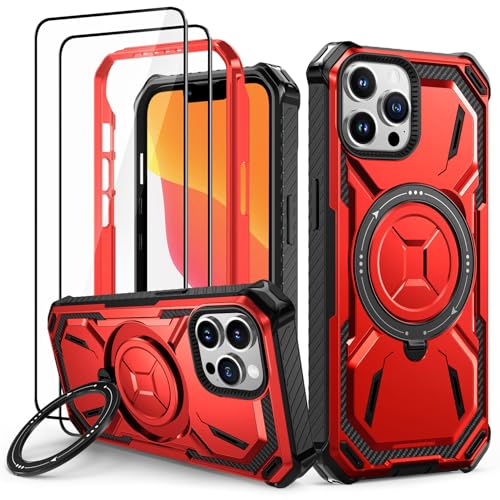 Lanhiem Handyhülle für iPhone 14 Pro Hülle mit 2 Stück Panzerglas und 360° Ring Ständer, Militärischer Stoßfest Schutzhülle für iPhone 14 Pro Case, Rot von Lanhiem