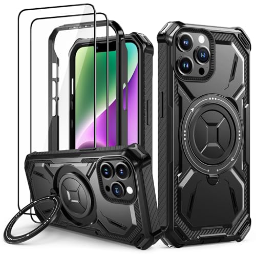 Lanhiem Handyhülle für iPhone 14 Pro Hülle mit 2 Stück Panzerglas und 360° Ring Ständer, Militärischer Stoßfest Schutzhülle für iPhone 14 Pro Case, Schwarz von Lanhiem