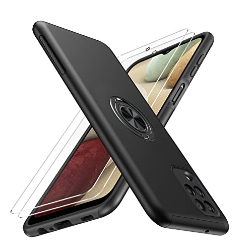 Lanhiem für Samsung Galaxy A12 Hülle mit 2 Pack Panzerglas, Samsung A12 Hülle [Eingebetteter Ständer] [PC+TPU Schutzhülle] Ring Handyhülle Kratzfeste Minimalistischer Hochwertiges, Schwarz von Lanhiem