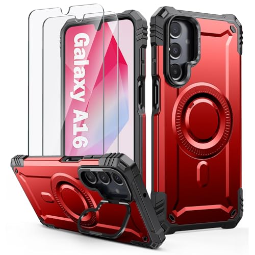 Lanhiem für Samsung Galaxy A16 5G / 4G Hülle für Magsafe mit Kamera Ständer und 2 Stück Schutzfolie, Handyhülle für Samsung A16 5G / 4G Schutzhülle Militär Stoßfest Case, Rot von Lanhiem