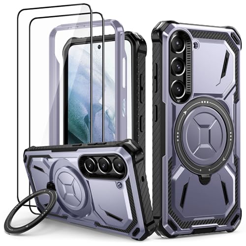 Lanhiem für Samsung Galaxy S21 Hülle mit 2 Stück Schutzfolie, 360° Ring Ständer Schutzhülle, Militärischer Stoßfest Handyhülle für Samsung S21 5G Case, Lila von Lanhiem