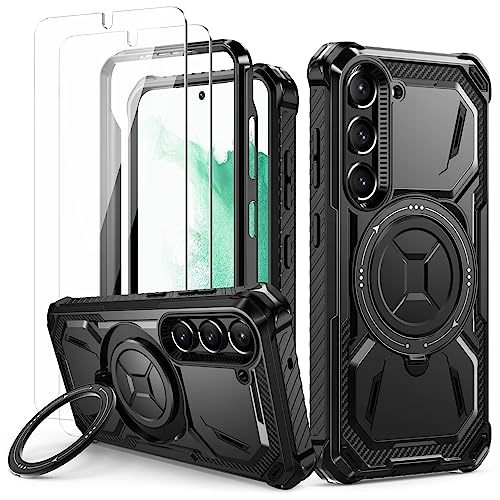 Lanhiem für Samsung Galaxy S22 Hülle, 360° Drehbarer Magnet Ständer Handyhülle [2 in 1 Doppelschutz] mit 2 Pack Panzerglas, Militärische Stoßfest Ring Halter Schutzhülle für Samsung S22, Schwarz von Lanhiem