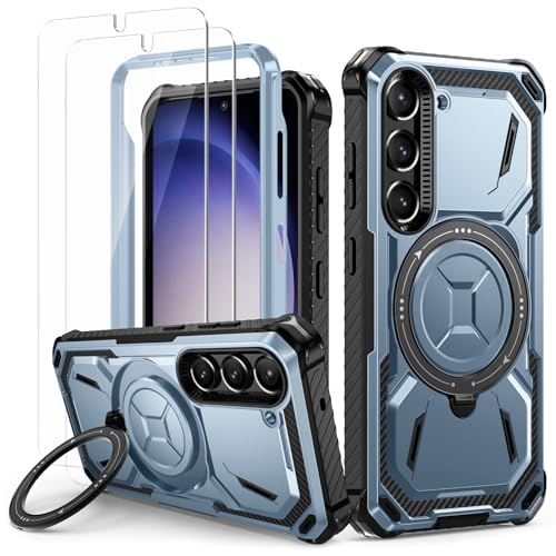 Lanhiem für Samsung Galaxy S23 Hülle mit 2 Stück Schutzfolie, 360° Ring Ständer Schutzhülle, Militärischer Stoßfest Handyhülle für Samsung Galaxy S23 Case, Blau von Lanhiem