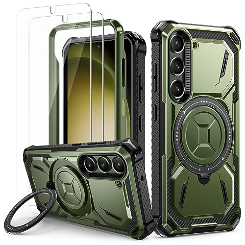 Lanhiem für Samsung Galaxy S23 Hülle mit 2 Stück Schutzfolie, 360 ° Ring Ständer Schutzhülle, Militärischer Stoßfest Handyhülle für Samsung Galaxy S23 Case, Grün von Lanhiem