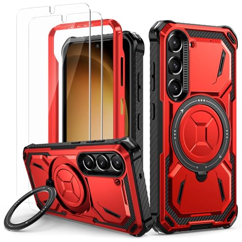 Lanhiem für Samsung Galaxy S23 Hülle mit 2 Stück Schutzfolie, 360° Ring Ständer Schutzhülle, Militärischer Stoßfest Handyhülle für Samsung Galaxy S23 Case, Rot von Lanhiem