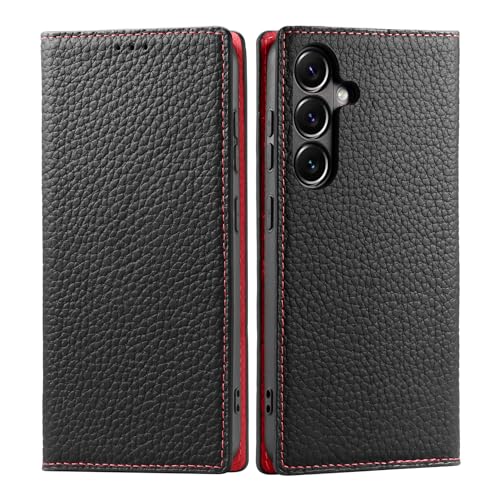 Lanhiem für Samsung Galaxy S24 5G Hülle, Premium Echtleder hülle Samsung S24 mit Standfunktion Kartenfächern Klapphülle Handyhülle Magnet RFID Blocker Stoßfest Schutzhülle, Schwarz von Lanhiem