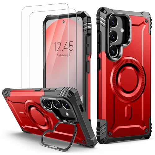 Lanhiem für Samsung Galaxy S24 FE Hülle mit 2 Stück Panzer Glas Kompatibel mit MagSafe, mit Kamera Ständer Magnetisch Handyhülle für Samsung S24 FE Schutzhülle Stoßfest Militärschutz Case, Rot von Lanhiem
