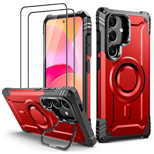 Lanhiem für Samsung Galaxy S24 Hülle mit 2 Stück Panzer Glas Kompatibel mit MagSafe, mit Kamera Ständer Magnetisch Handyhülle für Samsung S24 Schutzhülle Stoßfest Militärschutz Case, Rot von Lanhiem