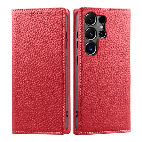 Lanhiem für Samsung Galaxy S24 Ultra 5G Hülle, Premium Echt Lederhülle Samsung S24 Ultra mit Standfunktion Kartenfächern Klapphülle Handyhülle Magnet RFID Blocker Stoßfest Schutzhülle, Rot von Lanhiem