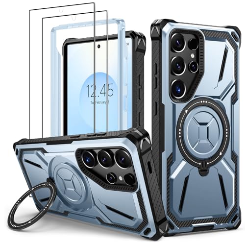 Lanhiem für Samsung Galaxy S25 Ultra Hülle mit 2 Stück Schutzfolie, 360° Ring Ständer Schutzhülle, Militärischer Stoßfest Handyhülle für Samsung Galaxy S25 Ultra Case, Blau von Lanhiem
