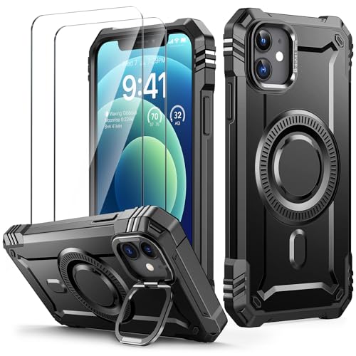 Lanhiem für iPhone 12 Hülle, für iPhone 12 Pro Hülle mit 2 Stück Panzer Glas, Kamera Ständer Magnetisch Case für MagSafe, Militär Stoßfest Handyhülle für iPhone 12/12 Pro Schutzhülle, Schwarz von Lanhiem