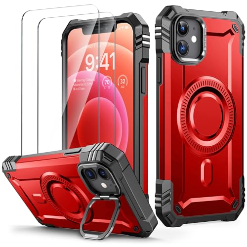 Lanhiem für iPhone 12 Hülle, für iPhone 12 Pro Hülle mit 2 Stück Panzer Glas, Kamera Ständer Magnetisch Case für MagSafe, Militär Stoßfest Handyhülle für iPhone 12/12 Pro Schutzhülle, Rot von Lanhiem