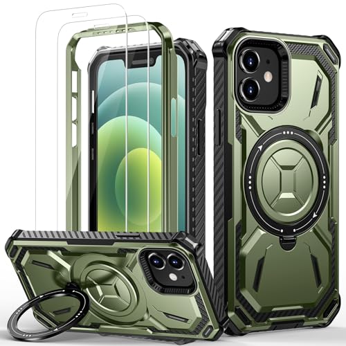 Lanhiem für iPhone 12 Hülle, für iPhone 12 Pro Hülle mit 2 Stück Schutzfolie, 360 ° Ring Ständer Schutzhülle, Militärischer Stoßfest Handyhülle für iPhone 12/12 Pro Case, Grün von Lanhiem