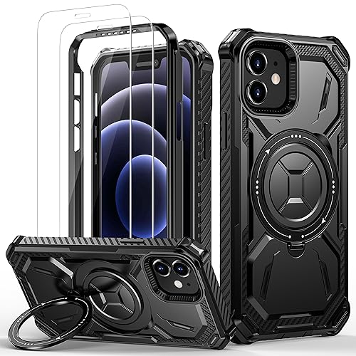 Lanhiem für iPhone 12 Hülle, für iPhone 12 Pro Hülle mit 2 Stück Schutzfolie, 360 ° Ring Ständer Schutzhülle, Militärischer Stoßfest Handyhülle für iPhone 12/12 Pro Case, Schwarz von Lanhiem