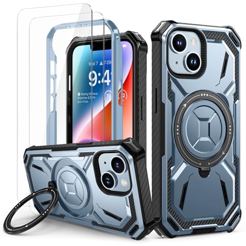 Lanhiem für iPhone 13 Hülle, für iPhone 14 Hülle mit 2 Stück Panzerglas, 360° Ring Ständer Schutzhülle, Militärischer Stoßfest Handyhülle für iPhone 13/14 Case, Blau von Lanhiem