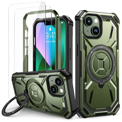 Lanhiem für iPhone 13 Hülle, für iPhone 14 Hülle mit 2 Stück Panzerglas, 360° Ring Ständer Schutzhülle, Militärischer Stoßfest Handyhülle für iPhone 13/14 Case, Grün von Lanhiem