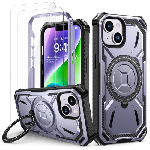 Lanhiem für iPhone 13 Hülle, für iPhone 14 Hülle mit 2 Stück Panzerglas, 360° Ring Ständer Schutzhülle, Militärischer Stoßfest Handyhülle für iPhone 13/14 Case, Lila von Lanhiem