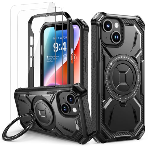 Lanhiem für iPhone 13 Hülle, für iPhone 14 Hülle mit 2 Stück Panzerglas, 360° Ring Ständer Schutzhülle, Militärischer Stoßfest Handyhülle für iPhone 13/14 Case, Schwarz von Lanhiem