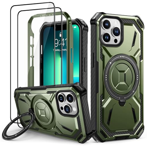 Lanhiem für iPhone 13 Pro Hülle mit 2 Stück Panzerglas und 360° Ring Ständer Handyhülle iPhone 13 Pro Schutzhülle, Militärischer Stoßfest Case Cover, Grün von Lanhiem