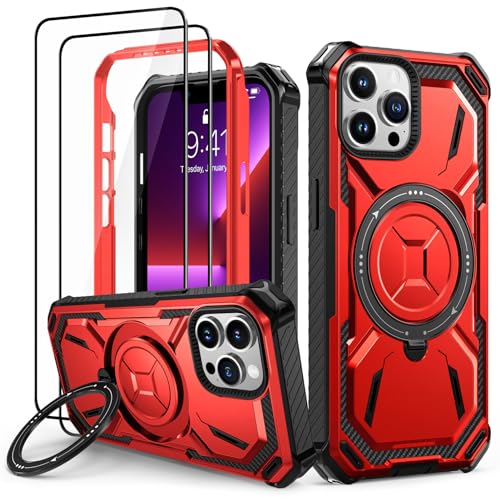 Lanhiem für iPhone 13 Pro Hülle mit 2 Stück Panzerglas und 360° Ring Ständer Handyhülle iPhone 13 Pro Schutzhülle, Militärischer Stoßfest Case Cover, Rot von Lanhiem