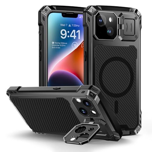 Lanhiem für iPhone 14 Hülle, Magnetisch Metall Handyhülle mit Kameraschutz Ständer Robust Stoßfest Ganzkörper Militärstandard Schutzhülle Heavy Duty Case mit Eingebautem Displayschutz, Schwarz von Lanhiem