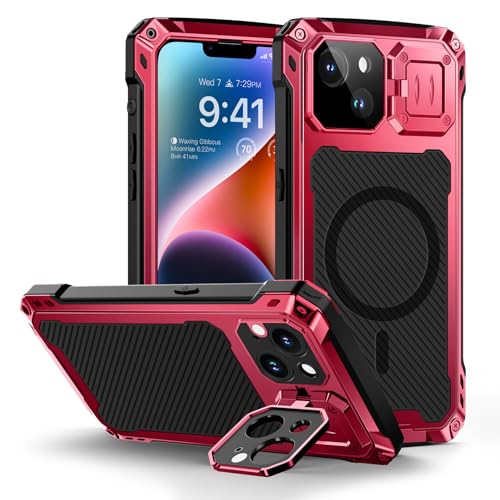 Lanhiem für iPhone 14 Hülle, Magnetisch Metall Handyhülle mit Kameraschutz Ständer Robust Stoßfest Ganzkörper Militärstandard Schutzhülle Heavy Duty Case mit Eingebautem Displayschutz, Rot von Lanhiem