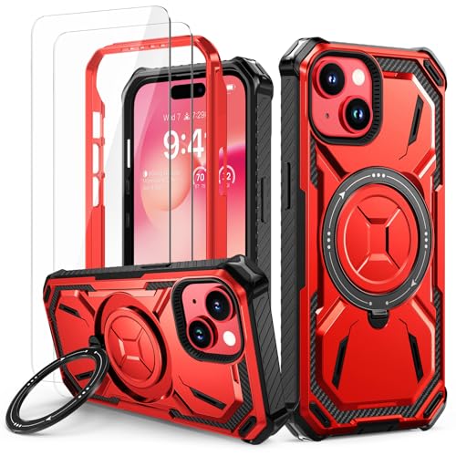Lanhiem für iPhone 14 Plus Hülle mit 2 Stück Schutzfolie, 360° Ring Ständer Schutzhülle, Militärischer Stoßfest Handyhülle für iPhone 14 Plus Case, Rot Lanhiem für iPhone 14 Plus Hülle mit 2 Stück Schutzfolie, 360° Ring Ständer Schutzhülle, Militärischer Stoßfest Handyhülle für iPhone 14 Plus Case, Rot von Lanhiem