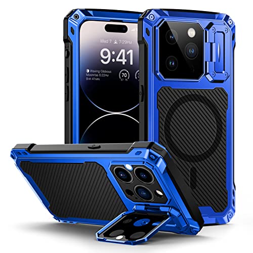 Lanhiem für iPhone 14 Pro Hülle, Magnetisch Metall Handyhülle mit Kameraschutz Ständer Robust Stoßfest Ganzkörper Militärstandard Schutzhülle Heavy Duty Case mit Eingebautem Displayschutz, Blau von Lanhiem