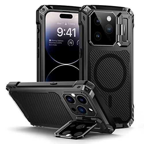 Lanhiem für iPhone 14 Pro Hülle (6.1"), Magnetisch Metall Handyhülle mit Kameraschutz Ständer Robust Stoßfest Ganzkörper Militärstandard Schutzhülle Heavy Duty Case mit Displayschutz, Schwarz von Lanhiem