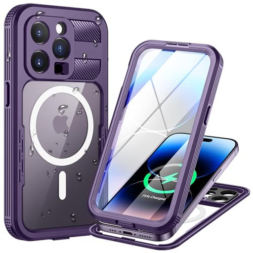 Lanhiem für iPhone 14 Pro Hülle Wasserdicht,Handyhülle für iPhone 14 Pro Schutzhülle Wasserfest,360 Outdoor Stoßfest Staubdicht Panzerhülle [Kompatibel mit Magsafe] mit Kameraschutz/Displayschutz,Lila von Lanhiem