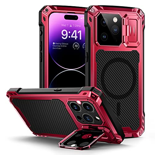 Lanhiem für iPhone 14 Pro Max Hülle, Magnetisch Metall Handyhülle mit Kameraschutz Ständer Robust Stoßfest Ganzkörper Militärstandard Schutzhülle Heavy Duty Case mit Displayschutz, Rot von Lanhiem