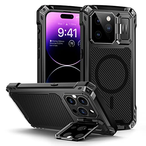 Lanhiem für iPhone 14 Pro Max Hülle, Magnetisch Metall Handyhülle mit Kameraschutz Ständer Robust Stoßfest Ganzkörper Militärstandard Schutzhülle Heavy Duty Case mit Displayschutz, Schwarz von Lanhiem