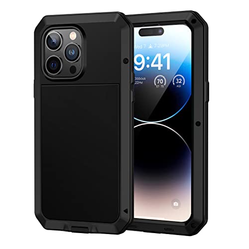 Lanhiem für iPhone 14 Pro Max Hülle Outdoor, Metall Handyhülle iPhone 14 Pro Max 360 Grad Panzerhülle Stoßfest Heavy Duty Schutzhülle Staubdicht Armor Case mit Eingebautem Displayschutz, Schwarz von Lanhiem